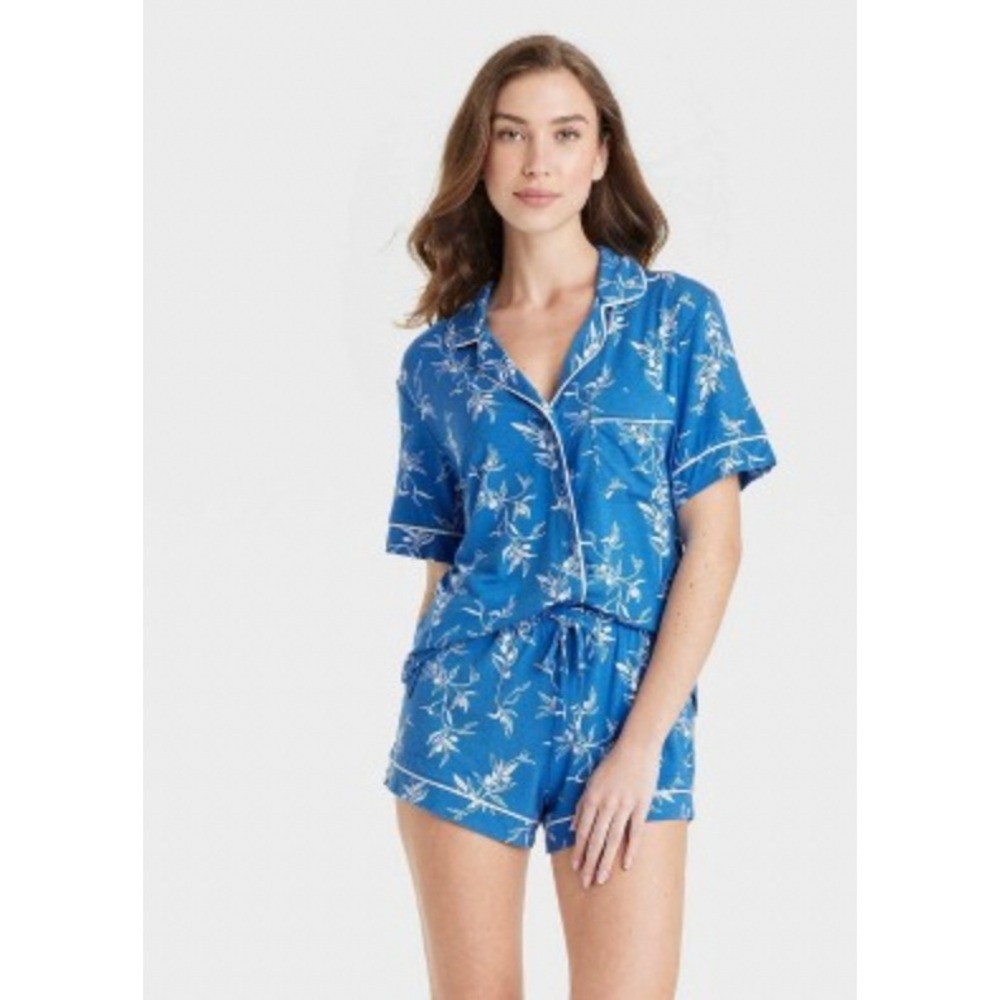 Auden Cloud Knit Pajama Set Small NWT Blue Floral Button Lounge